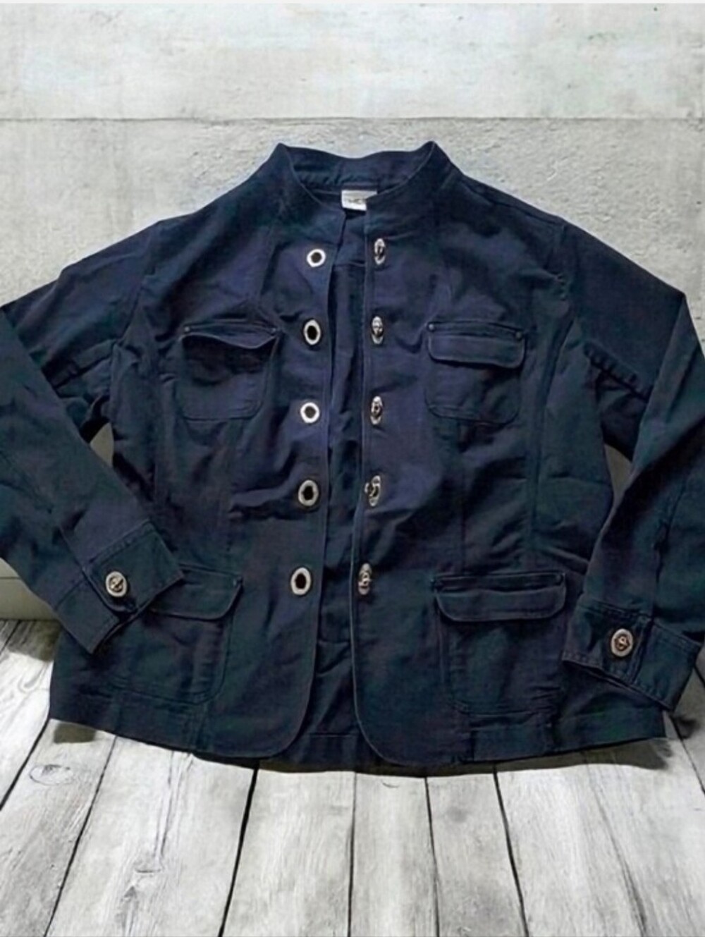 Chico's Military Style Jacket Unique Silver Accents Mandarin Collar Sz 2 (12-14)